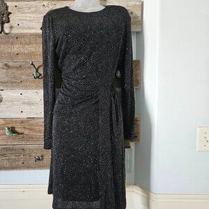 NWT London Times Sparkly Drape Front Asymmetrical Dress L/S Black Size 10